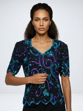 Vintage 1X Laurence Kazar New York Black, Teal & Purple Silk Sequin Beaded Top